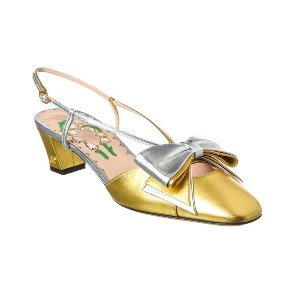 Valentino Bow 45 Leather Slingback Pump, Gold